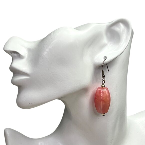 Pink Bead Dangle Earrings Chunky Faux Stone Silver Tone - Picture 1 of 4